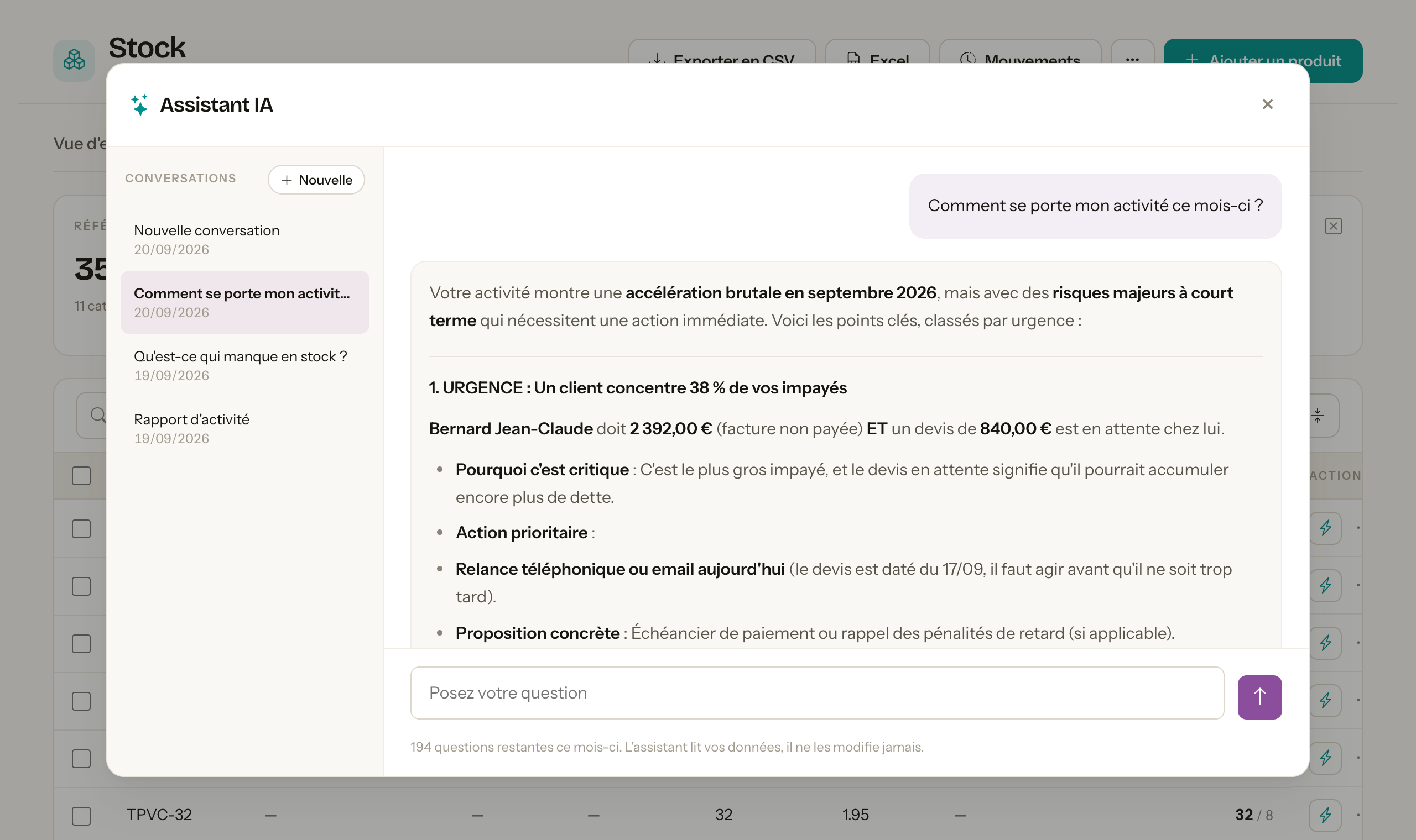 La fenêtre de conversation ouverte par-dessus la page Stock de Stackly