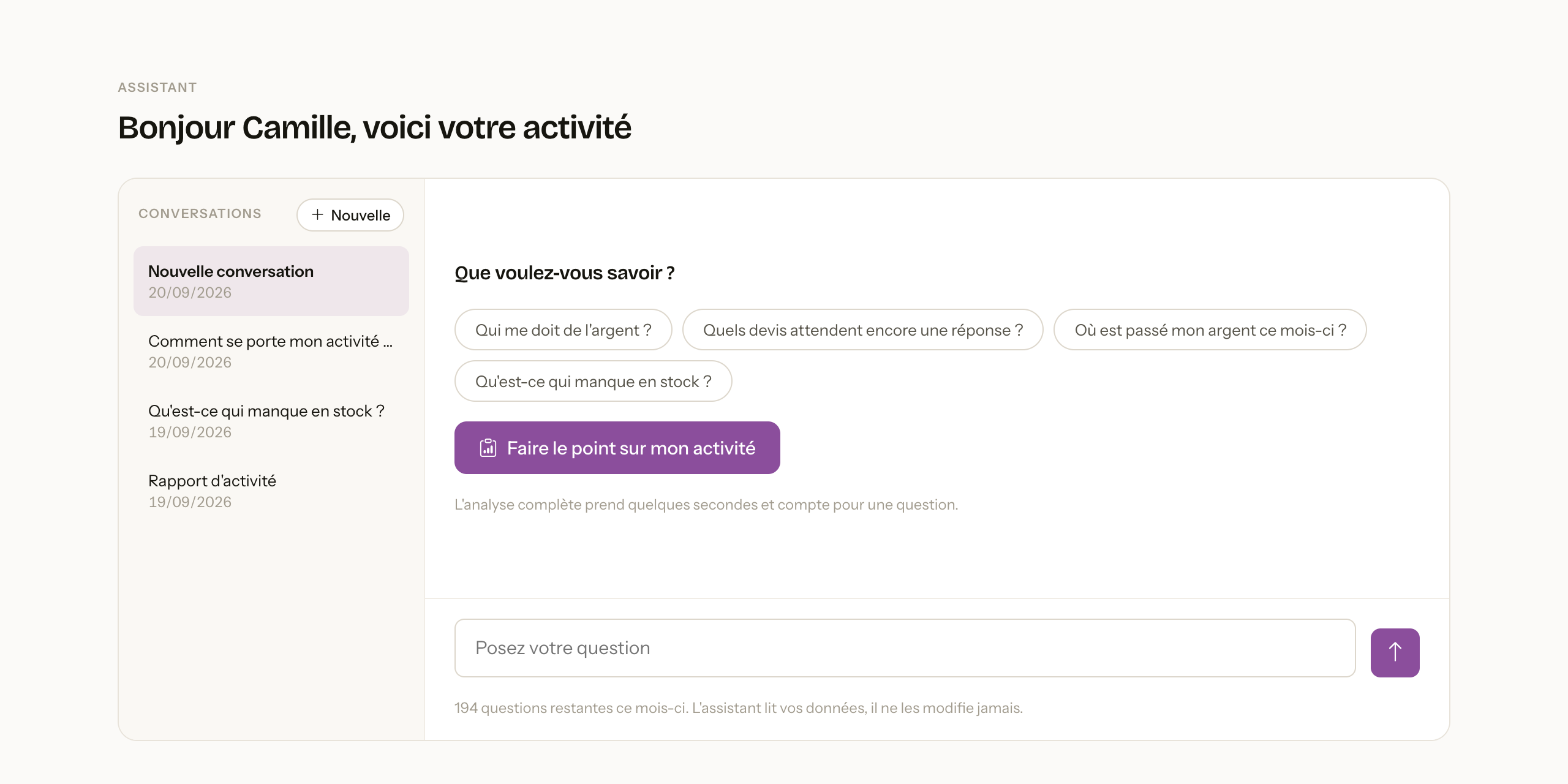 L'assistant proposant des questions et le bouton « Faire le point sur mon activité »