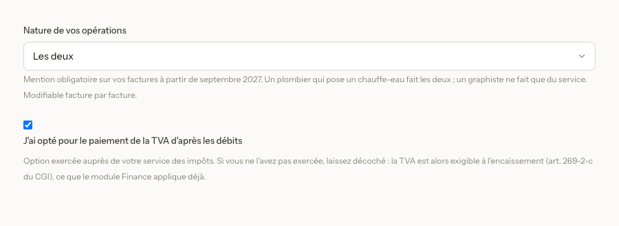 Le profil Stackly avec le choix de la nature des opérations et l'option TVA sur les débits